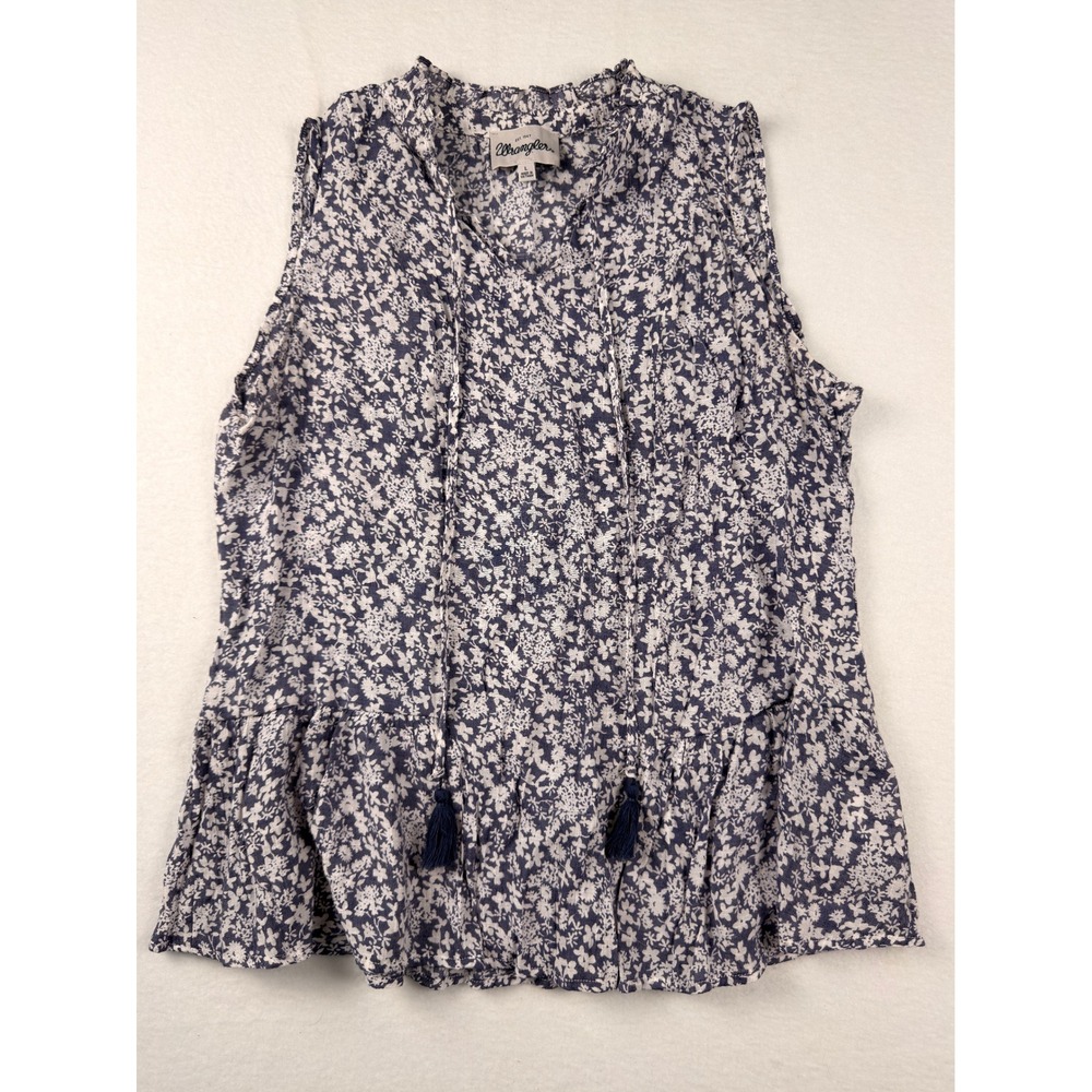 Wrangler Womens Floral Sleeveless Peplum Top Navy Blue Tassel Tie Blouse Large